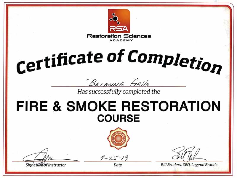 Brianna Gallo Cert Fire & Smoke Bulovas Restoration